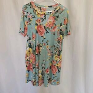 JODIFL Women M Blue Floral Print Summer Dress Short Sleeve Poly Stretch Pockets